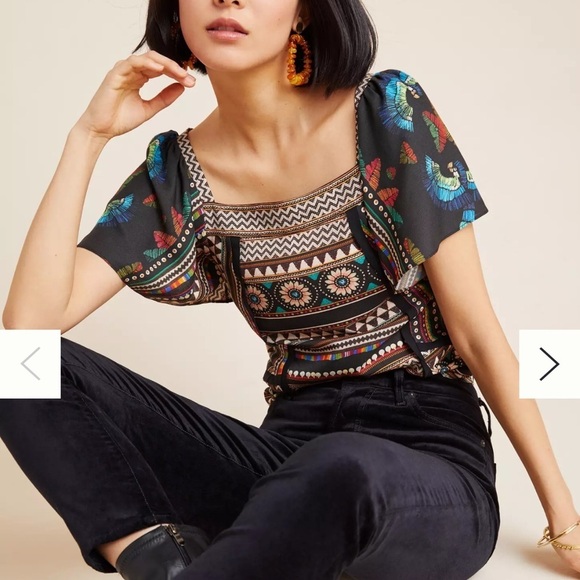 Farm Rio for Anthropologie Boho Embroidered Peasant Top Sz S Ethnic Tribal Print - Picture 2 of 7